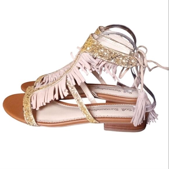 Soft Surroundings Gold Glitter Tan Fringe Tie Ankle Gladiator Style Sandals Sz 8 - Picture 3 of 7
